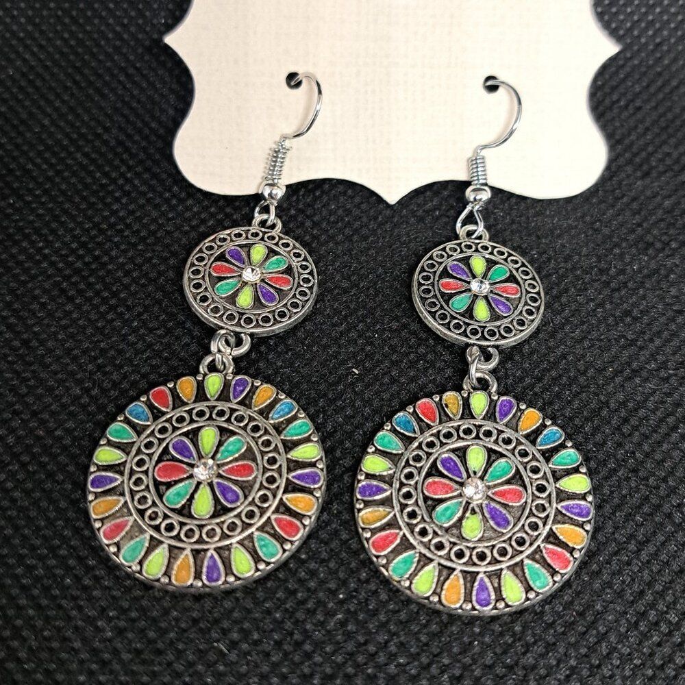 Silver Tone Colorful Double Circle Boho Drop Earrings- NWOT